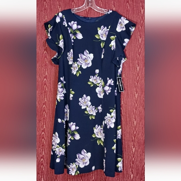 JESSICA HOWARD Navy Blue Floral Zip Short Sleeve Dress Women Sz 14W